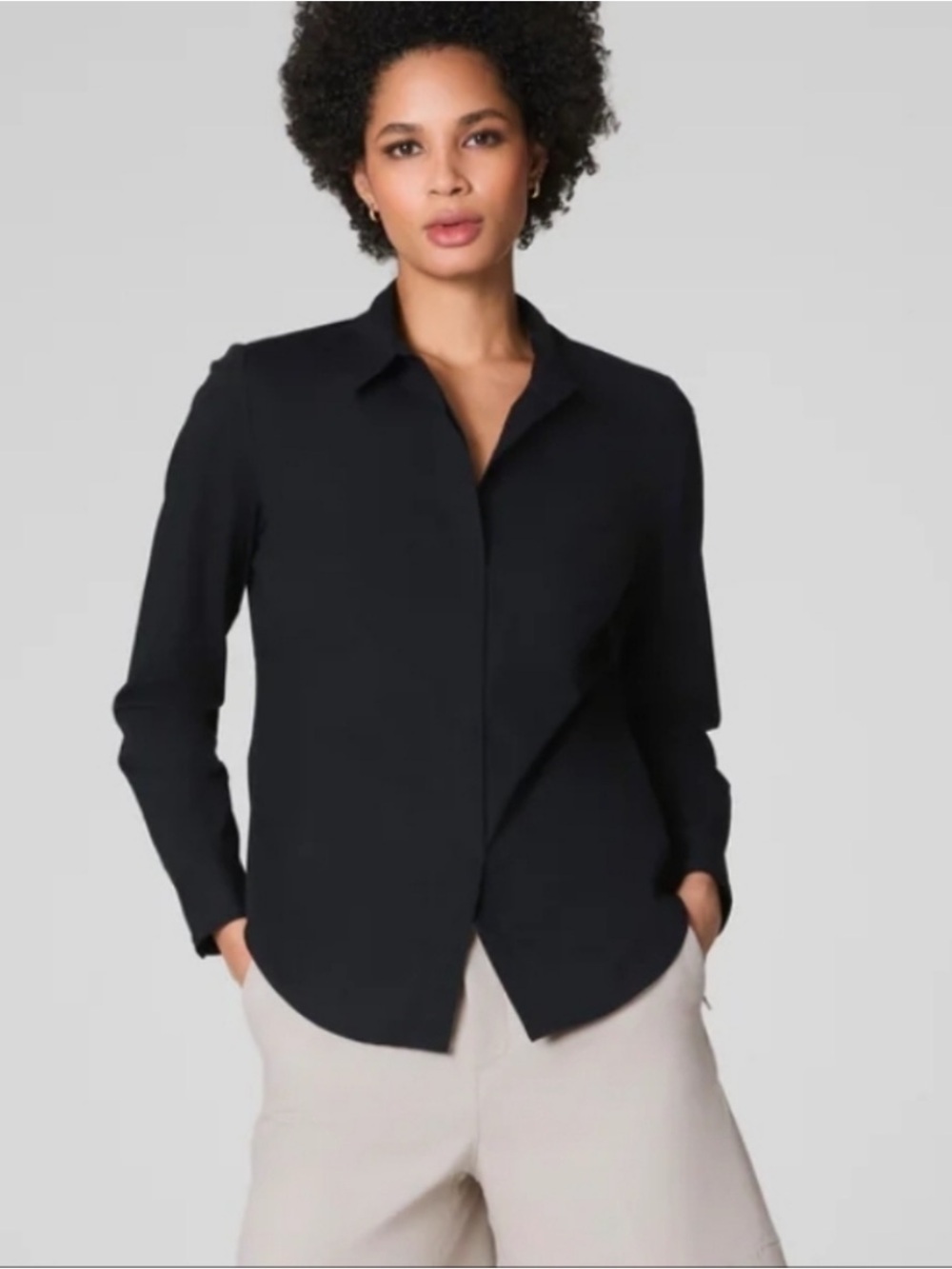 SPANX Poplin Faux Placket Shirt Classic Black Collared Blouse Size Large
